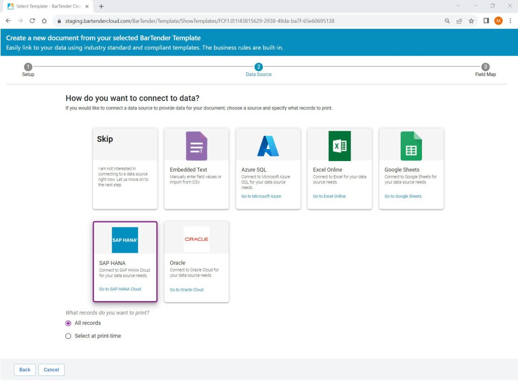 Range of databases to connect to BarTender Cloud