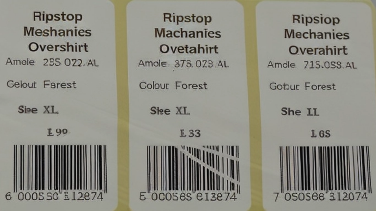 Three clothing labels showing multiple print errors including misspelled words (“Meshanies,” “Machanies,” “Overahirt”), inconsistent pricing, jumbled product codes, and garbled fonts—highlighting common label printing failures.