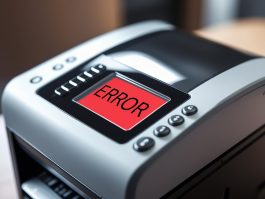 A gray and black label printer displays a bright red screen with the word "ERROR" in large white letters. The device appears to be malfunctioning, highlighting a common issue that can arise from improper software integration.